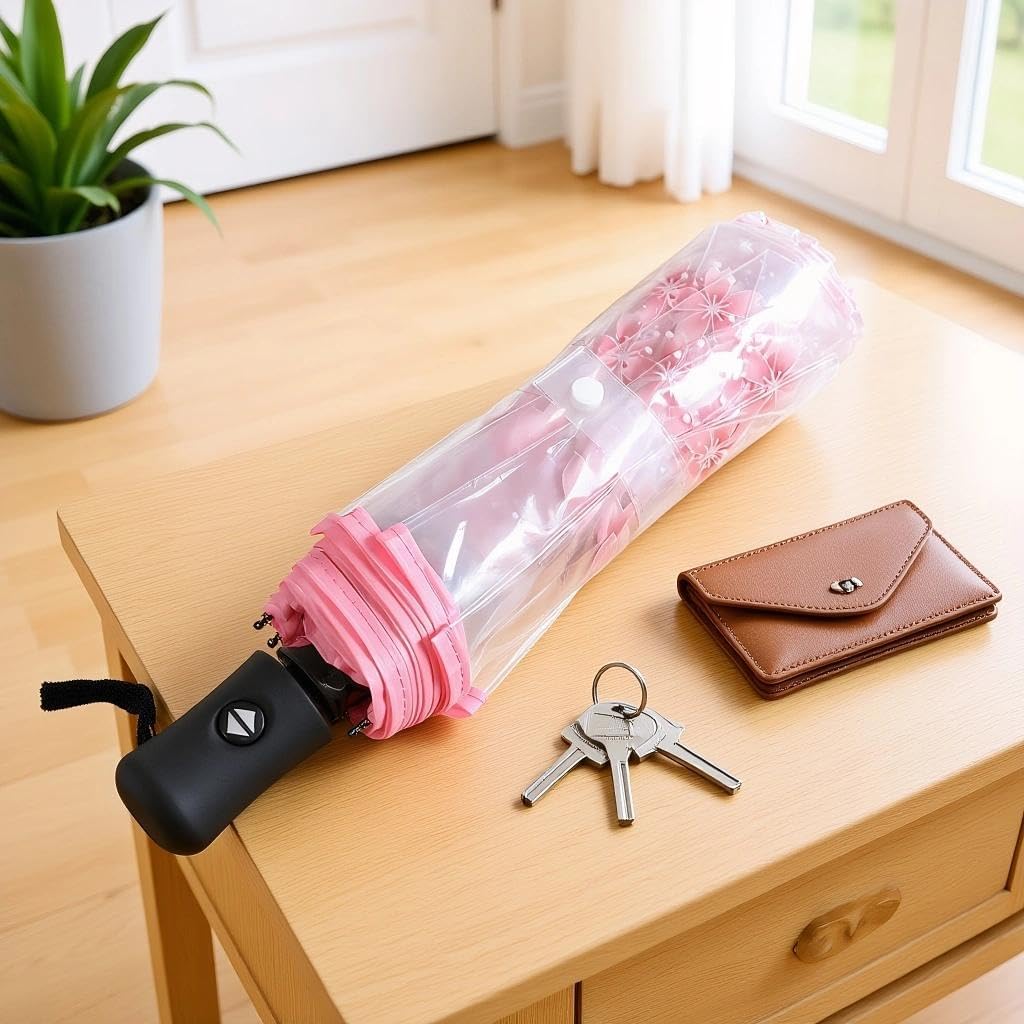 Transparent Umbrella, 11-Inch, with Pink Cherry Blossom Design, Clear Umbrellas for Rain, for Daily Use and Outdoor