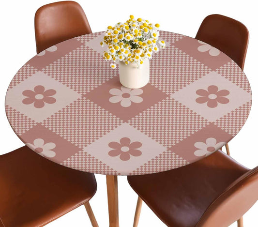 Floral Buffalo Round Fitted Tablecloth Plaid Pixel Pattern Retro Pink Diagonal Stripes Elastic Edge Tablecloth Waterproof Oilcloth Table Cover for 40"-44"