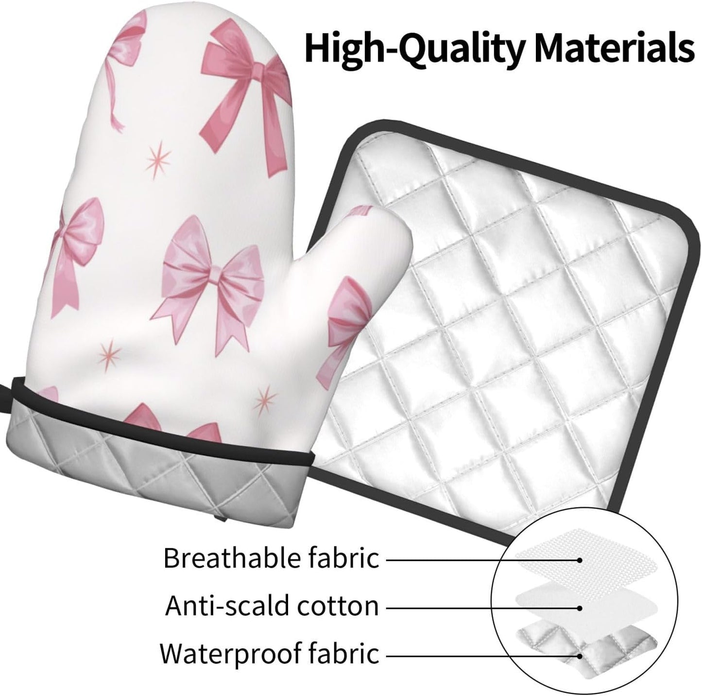 Nine Light Pink Bows Oven Mitts and Pot Holders Sets,Heat Resistant Potholder Kitchen Decor for Cooking Baking BBQ, Oven Glove Set