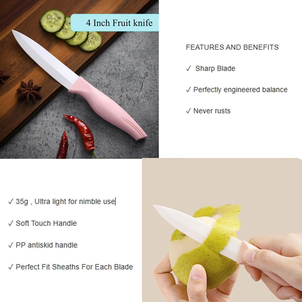Zhiyun 3-Pieces Pink Ceramic Knives Set, 5-Inch for Vegetable and meet 4-Inch for Fruit 3-Inch for Peeling,Suitable for Beef Chicken Vegetable Fruit Butter and Bread (Pink)