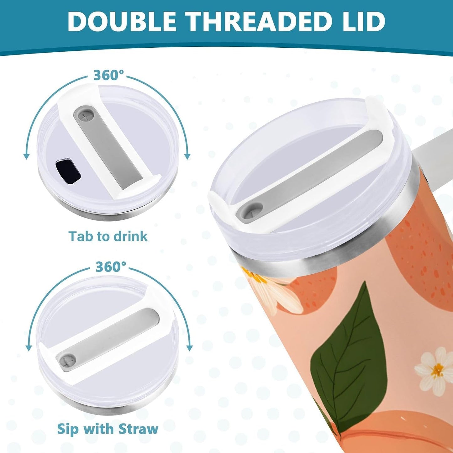 susiyo 30 oz Peach and Floral Pattern Tumbler with Handle and Straw, Insulated Travel Mug, Reusable Stainless Steel Insulated Water Bottle for Women Men