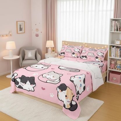 Homewish Cute Cat Bed Sheet Queen Size Kawaii Animals Paw Sheets for Kids Teens Adults Japanese Style Bedding Set with Flat,Fitted Sheet,2 Pillowcases Peach Pink