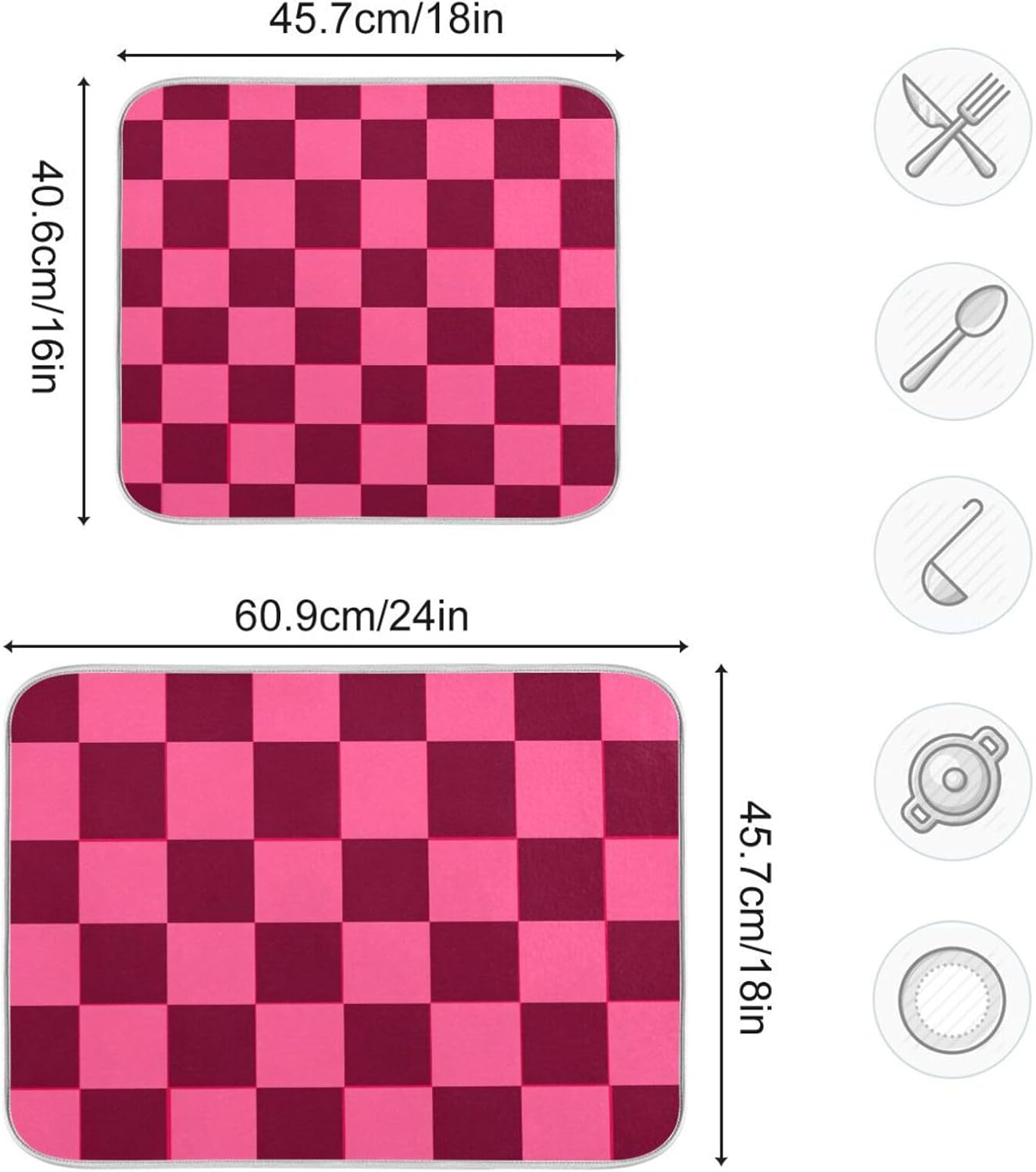 Checkered Hot Pink Dish Drying Mat for Kitchen Counter Kitchen Drying Mat Dish Rack Mat Dish Drainer Pad Microfiber Absorbent Washable Drying Pad for Countertop 16 x 18