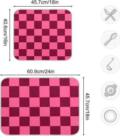 Checkered Hot Pink Dish Drying Mat for Kitchen Counter Kitchen Drying Mat Dish Rack Mat Dish Drainer Pad Microfiber Absorbent Washable Drying Pad for Countertop 16 x 18