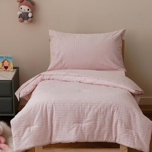 CLOTHKNOW 4Pieces Striped Washed Cotton Toddler Bedding Sets for Girls Pink Stripes Pattern, Soft Crib Bed Set Including Comforter, Flat Sheet, Fitted Sheet and Pillowcase