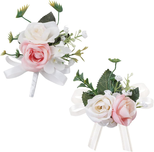 Alizeal 2Pcs of Wrist Corsage and Boutonniere Set, Artificial Flowers Accessories Suit Decor for Wedding Prom Party Homecoming Ceremony, White+Pink