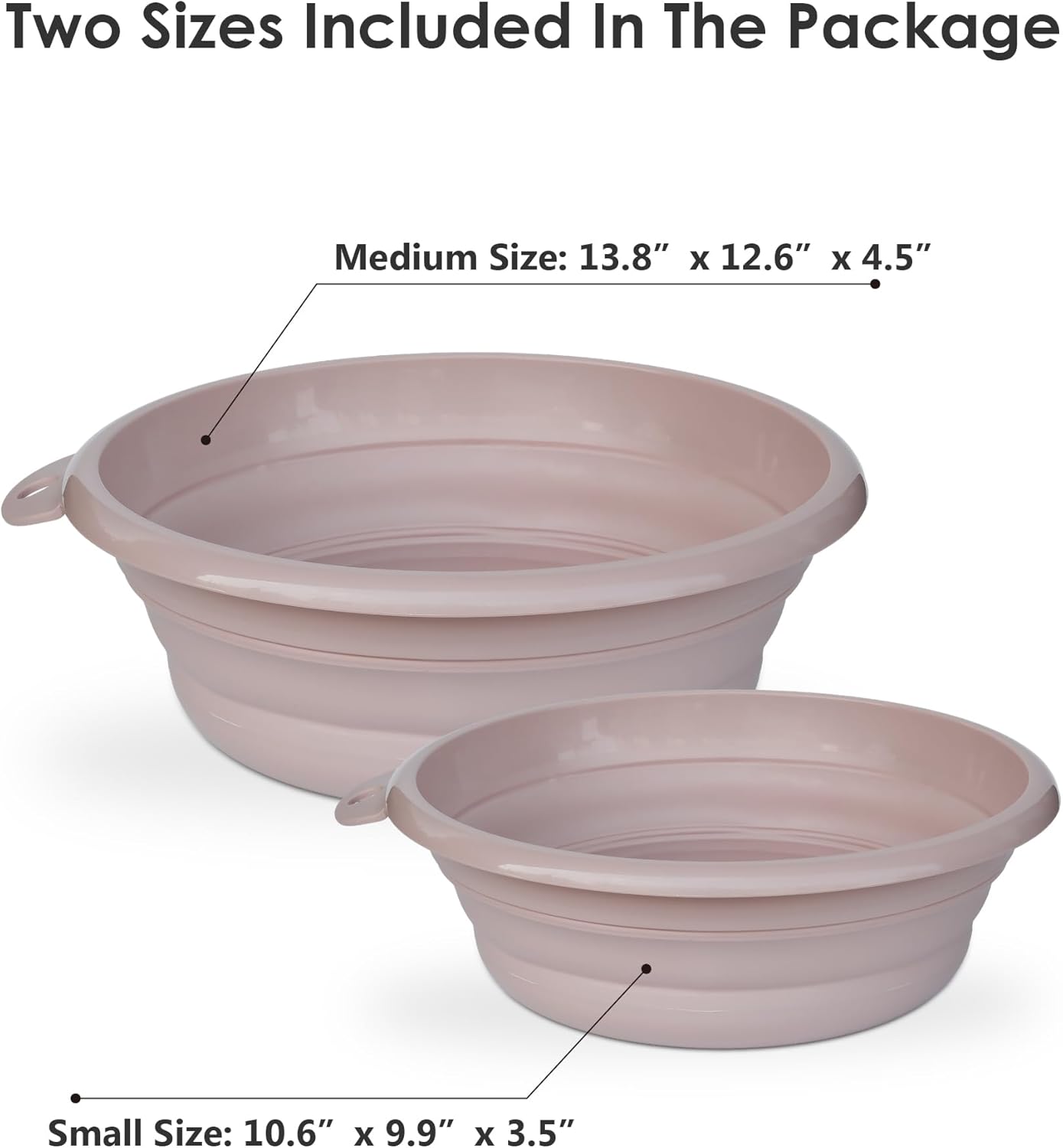 Collapsible Wash Basin Set (2 Pack) - Round Portable Foldable Plastic Basins for Laundry, Travel, Camping - Small & Medium Sizes (Pink)