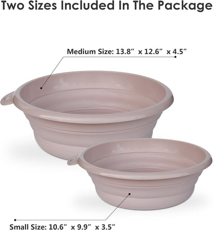 Collapsible Wash Basin Set (2 Pack) - Round Portable Foldable Plastic Basins for Laundry, Travel, Camping - Small & Medium Sizes (Pink)