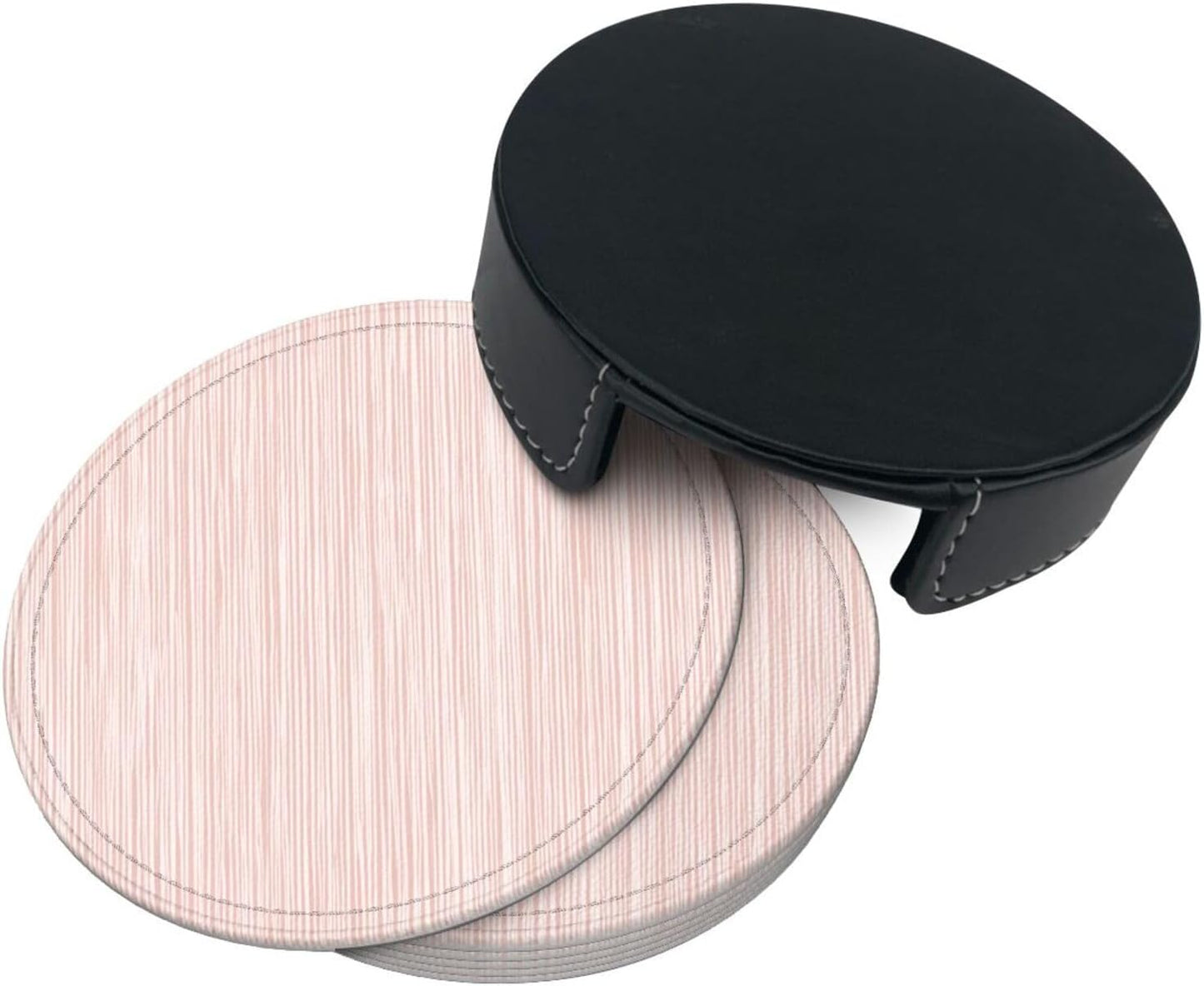 Light Pink Pastel Pattern Subtle Vertical Stripes Premium Leather Coasters, Set of 6 with Holder, Stylish Beverage Coasters for Kitchen Coffee Bar