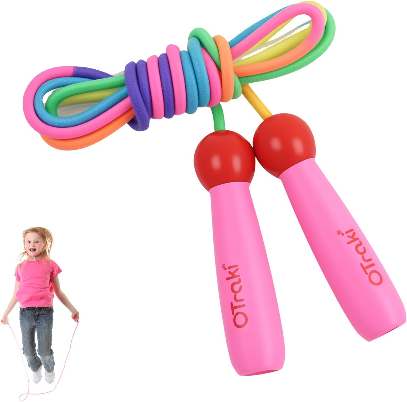 OTraki Rainbow Jump Rope, 8.2 ft Adjustable Cotton Braided Skipping Rope Jumpropes for Fitness Workout Exercise Outdoor Fun Activity (Pink)