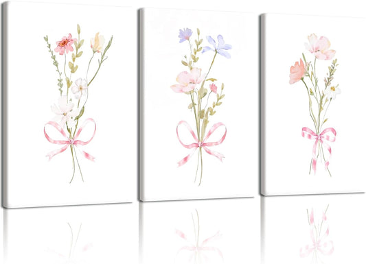 AUUAUU 3 Pcs Watercolor Flower Wall Art Pink Bow Floral Canvas Print Posters Prints Botanical Aesthetic Wall Decor for Living Room Bedroom Bathroom Nursery 12x16 Inches