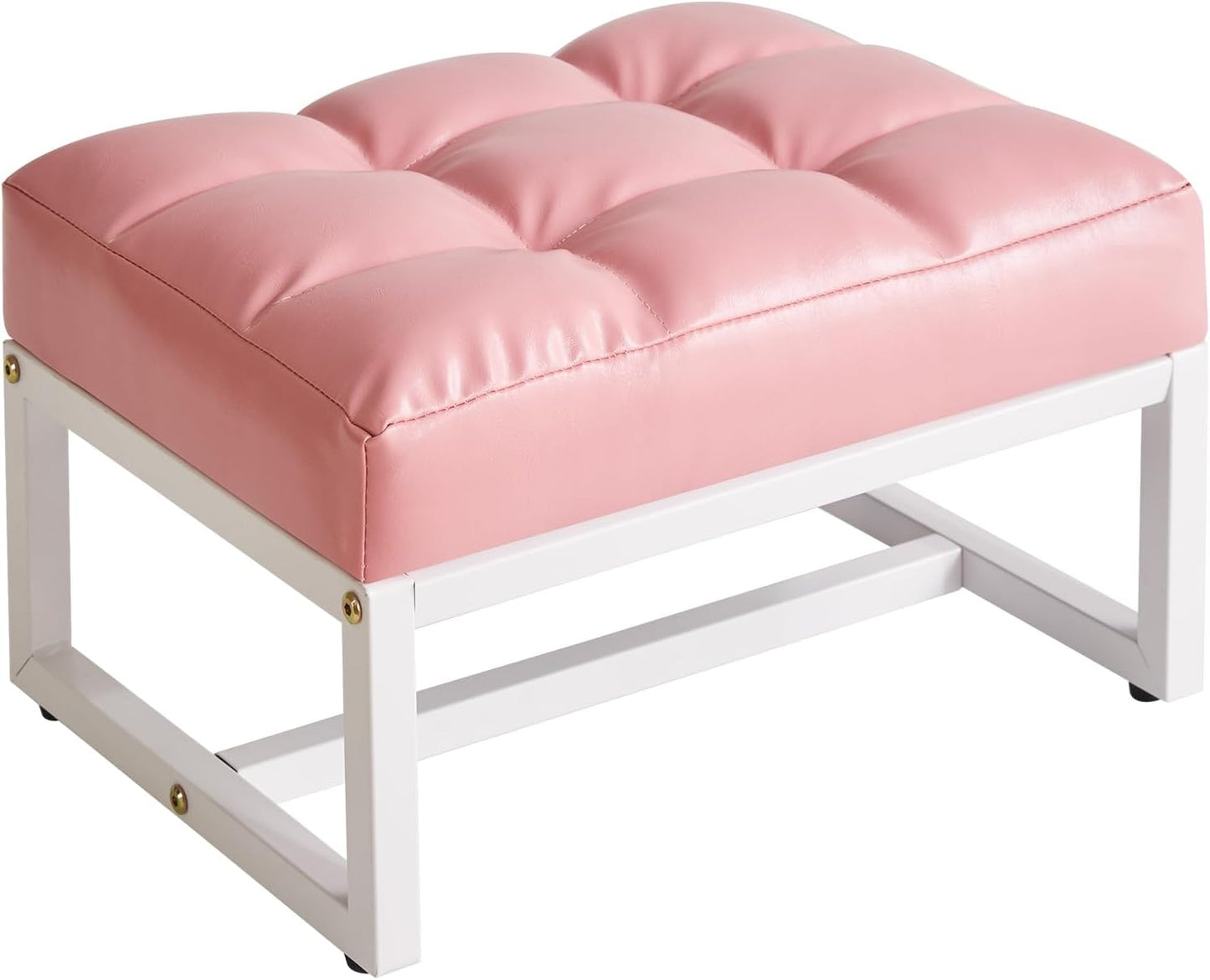 Aibiju Small Footstool, Rectangle Ottoman with Faux Leather Padded Seat, Change Shoes Bench, Sofa Footrest Extra Seating for Living Room Entryway Office, Pink YD-JD139P