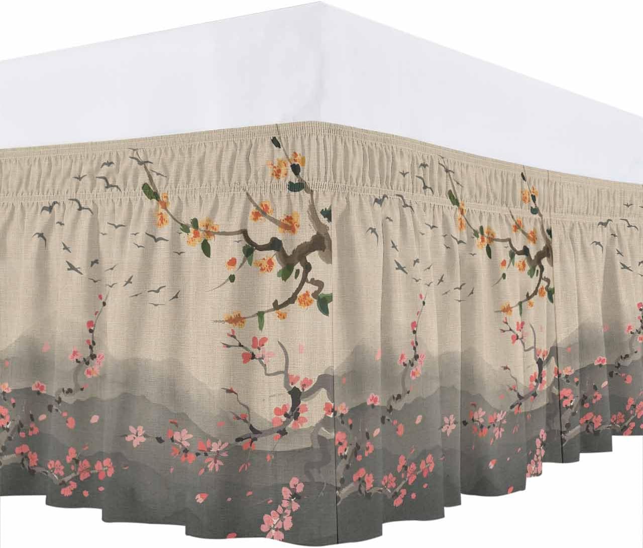 Chinese Ink Painting Bed Skirt Queen Size 16 Inch Drop, Wrap Around Bed Skirts, Pink Peach Blossom Branches Elastic Bedskirt Pleated Bed Frame Cover Luxurious Dust Ruffle for Queen Bed