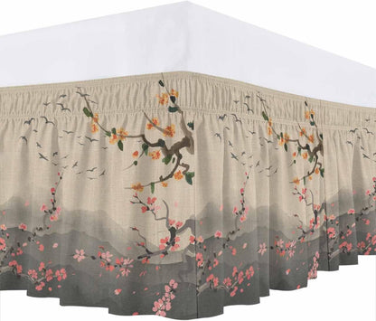 Chinese Ink Painting Bed Skirt Queen Size 16 Inch Drop, Wrap Around Bed Skirts, Pink Peach Blossom Branches Elastic Bedskirt Pleated Bed Frame Cover Luxurious Dust Ruffle for Queen Bed