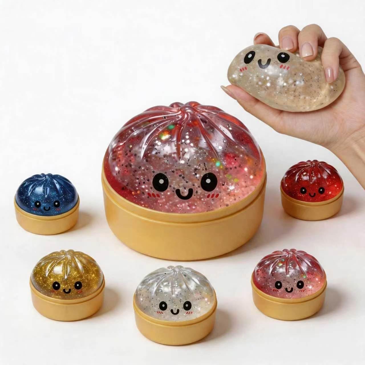 Glitter Dumpling Squishy, Dumpling Squishy Mystery Box, Colorful Dumplings Stress Balls Fidget Sensory Toy, Stocking Stuffers with Food Steamer Stretchy Desk Toys (Glitter Pink)