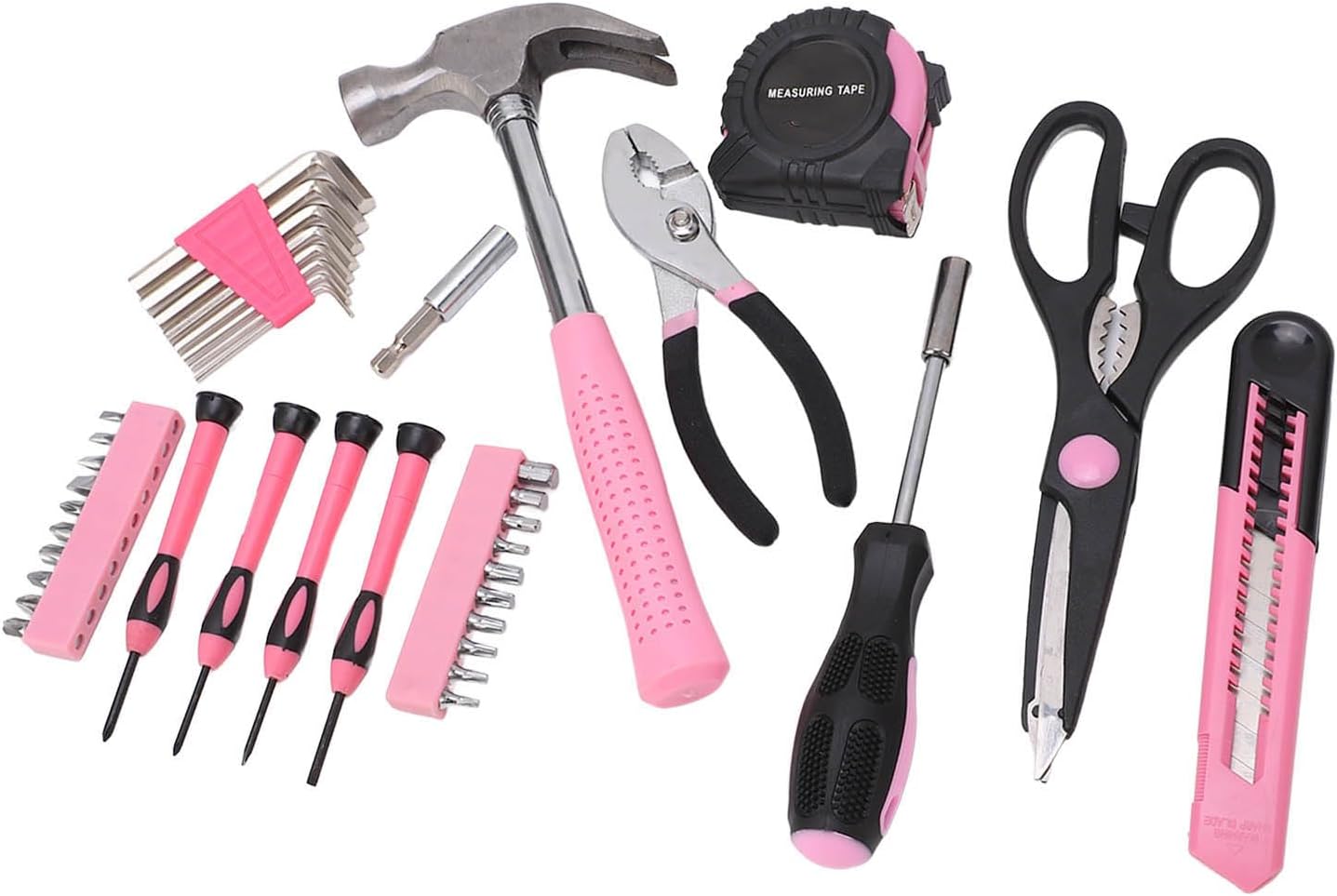 For Maintenance and Repair - 39 Piece Household Tool Kit - Pink and Black Hand Tool Set Including Claw Hammer Screwdriver Hex Wrench Pliers Tape Measure and Utility Knife with