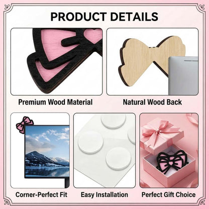 2 PCS 3D Wood Pink Bow Computer Monitor Decor Cute Coquettish Mini PC Decorations Laptop Office Decoration Gift for Women