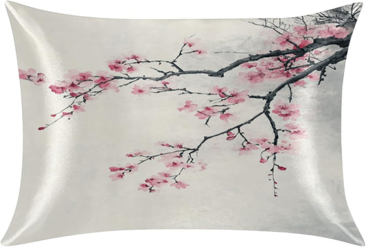 Watercolor Peach Blossom Satin Pillowcase for Hair and Skin Pink Flowers Pillow Cases Standard Size Soft Cooling Satin Pillow Covers with Zipper for Men Women 20x26 Inches
