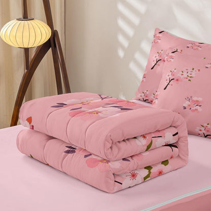 Erosebridal Floral Zipper Bedding Set Twin Cherry Blossom Zip Up Comforter Set with Sheets Peach Blossoms Branches Hand Drawn Bed in a Bag Cute Girly Pink Flowers Bed Sets with 2 Pillowcases