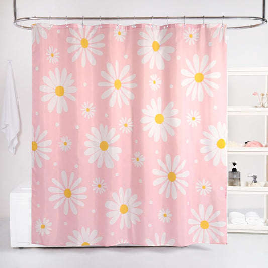 QJHOMO Pink Floral Shower Curtain Set Cute Daisy Girly Bathroom Curtain, Washable Waterproof Fabric Shower Curtains with 12 Hooks, Modern Aesthetic Decor Colorful Flower Shower Curtain 72x72 inch