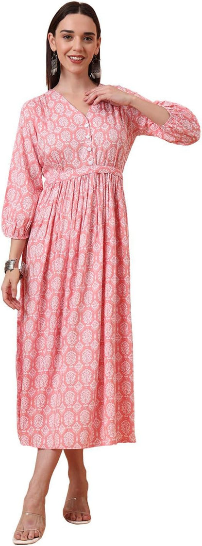 Tissu Women's Rayon Green Printed Fit & Flared Waist Tie-up Dress