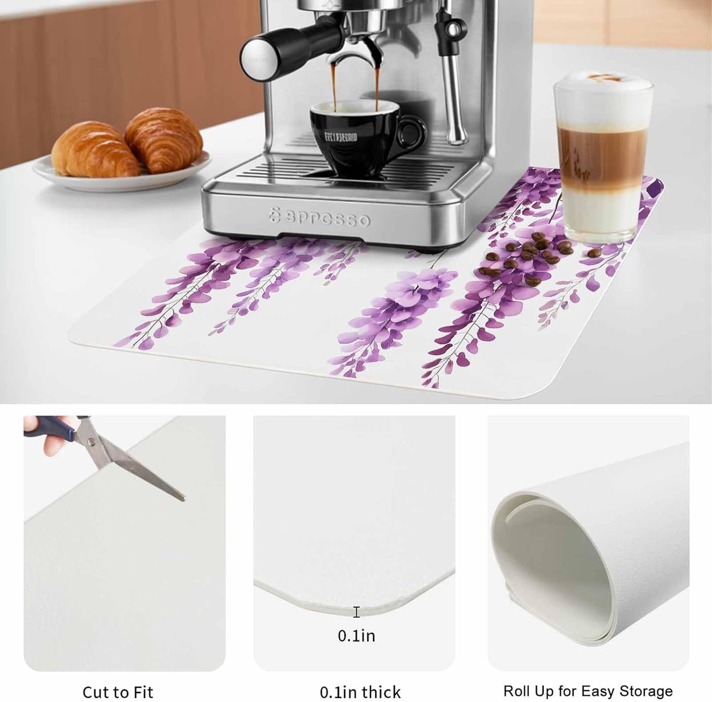 Coffee Mat Wisteria Floral Dish Drying Mat for Kitchen Counter Light Pink Leaf Coffee Bar Mat for Coffee Maker and Espresso Machine, Coffee Station Accessories 18x28in