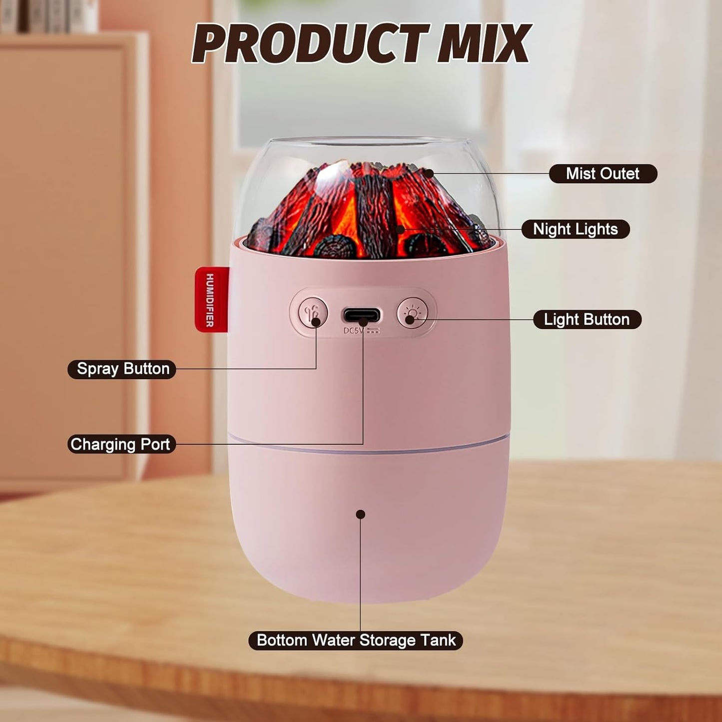 Portable Mini Humidifier for Desk Bedroom Indoor Plant, 280 ml Humidifier for Office Small Room, USB Powered Quiet Cool Mist Humidification Night Light (Pink)