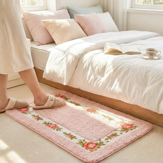 QMEAKMONY Bathroom Rugs Romantic Rose Flower Bath Rugs - Soft, Absorbent, Non-Slip,Entrance Mat(Pink,16x24 in)