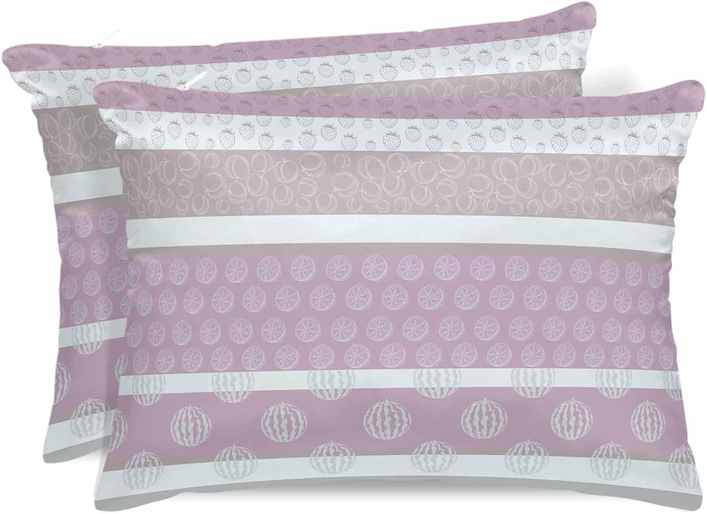 Farm Fruits Satin Pillowcase for Hair and Skin with Zipper, Soft Breathable Cooling Silk Pillow Cases, Watermelon Lemons Peach Pink Grey Striped Throw Pillow Covers Standard Size 20"x26" Set of 2