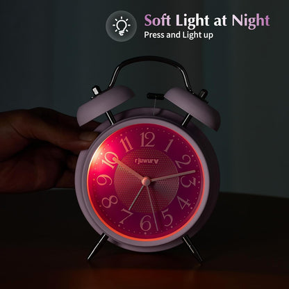 rjuwurv 4" Loud Alarm Twin Bell Alarm Clock, Night Light, Desk Clock Table Alarm Clock Bedroom Alarm Clock(Pink Power)