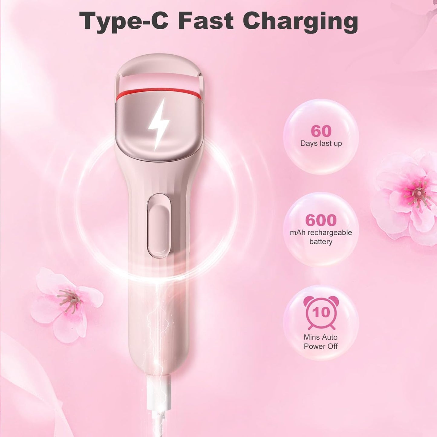 HEBECA Heated Eyelash Curler Professional - Eye Lashes Curler with Innovative Heating Silicone, Electric Eyelashes Curler with 600mAh Rechargeable Battery EC4001 (Pink)