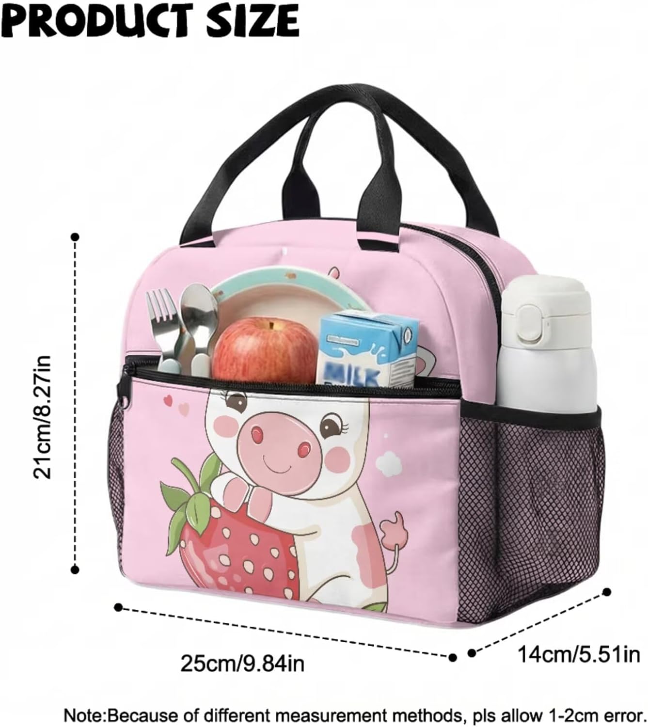 COEQINE Personalized Backpack with Lunch Box Kids Girls Cow Pink Strawberry Cute Bag for School Preschool Elementary Front Zip Pocket Holder Snacks Lightweight Bookbag Diaper Bag,13In