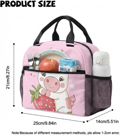 COEQINE Personalized Backpack with Lunch Box Kids Girls Cow Pink Strawberry Cute Bag for School Preschool Elementary Front Zip Pocket Holder Snacks Lightweight Bookbag Diaper Bag,13In