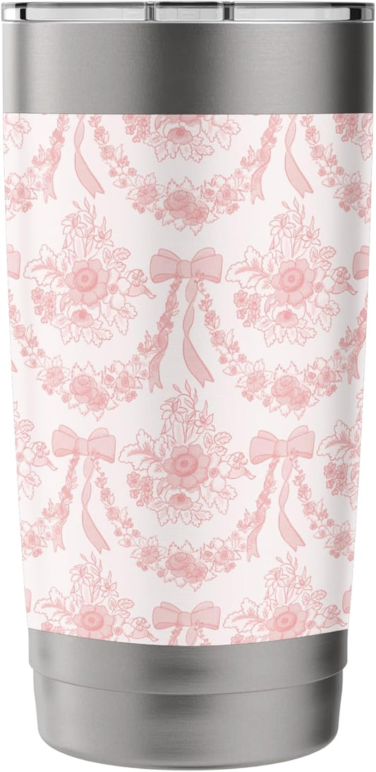Coquette Coral Peach Flowers and Bows Floral Pattern Stainless Steel Insulated Tumbler