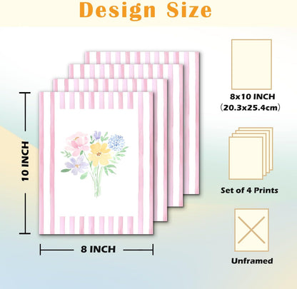 JINYO Preppy Pink and White Striped Floral Wall Art Prints Set of 4, Floral Room Decor, Pastel Rustic Wildflower Botanical Posters Pictures Wall Decor for Girls Bedroom Dorm, 8x10 Unframed