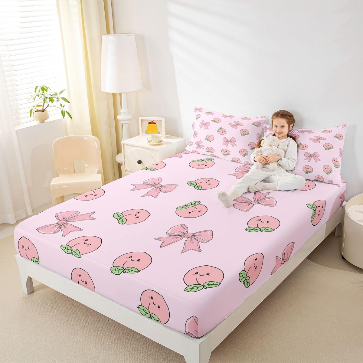 Erosebridal Bowknot Fitted Sheet Full Size Peach Bed Sheets Cute Cartoon Peaches Kawaii Pink Bow Bedding Set for Kids Boys Girls Fruit Princess Ribbon Bowtie Sheets