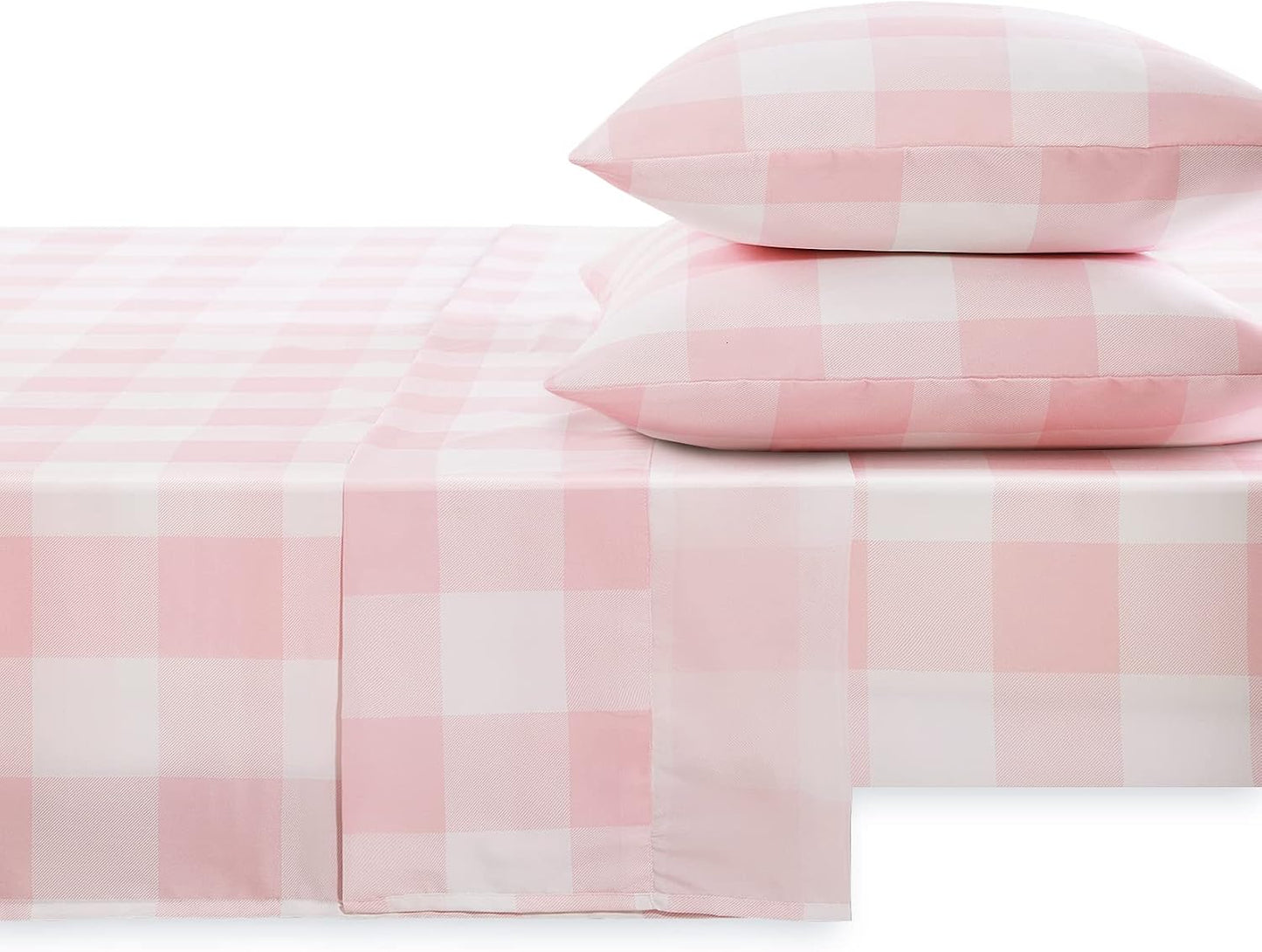 Wake In Cloud - Gingham Bed Sheets, 4-Piece Sheet Set, Cute Plaid Buffalo Check Checker Geometric Aesthetic Bedding, Deep Pocket, Pink, Full Size