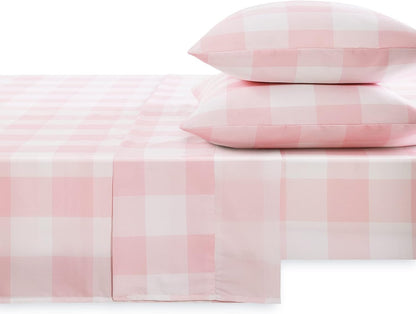 Wake In Cloud - Gingham Bed Sheets, 4-Piece Sheet Set, Cute Plaid Buffalo Check Checker Geometric Aesthetic Bedding, Deep Pocket, Pink, Full Size