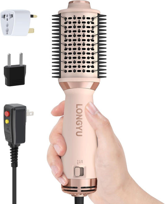 Longyu Travel Dual Voltage Hair Dryer Brush Mini Hot Air Brush with European Plug 110V-240V One Step Blow Dryer and Styler Volumizer for Home & Salon