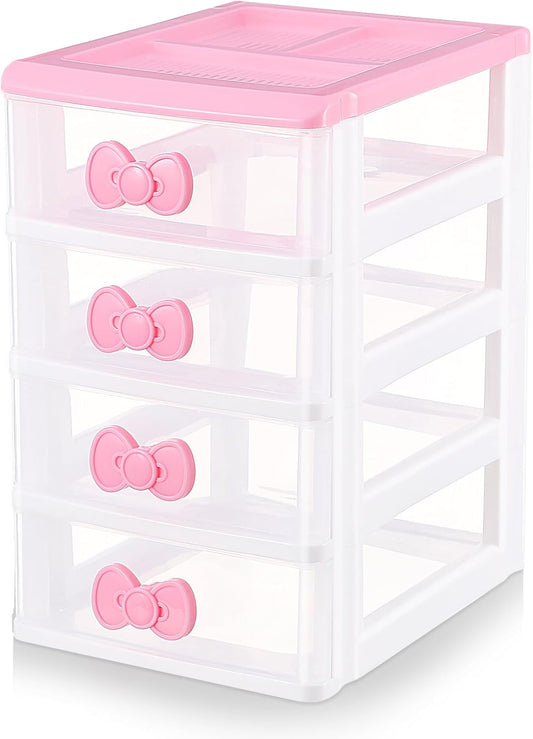 Girls Cute Lovely Color Storage Box Makeup Organizer with 4 Layers, Cute Storage Cabinet Box with Bow Handle, Desktop Storage Box for Home Bedroom Bathroom Women Girl Gifts (Pink)
