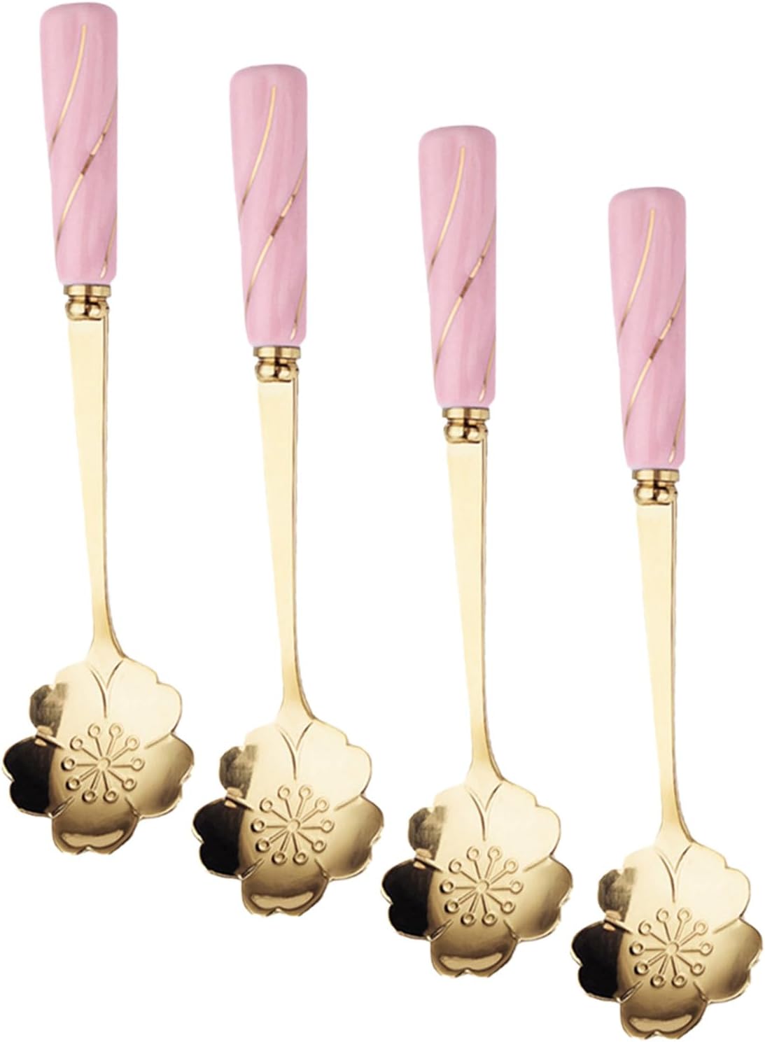 Healifty 4pcs Dessert Spoons with Ceramic Flower Handles Practical Cake and Coffee Spoons Elegant Rounded Handle Design for Home Coffee Shops and Bars Pink Gold