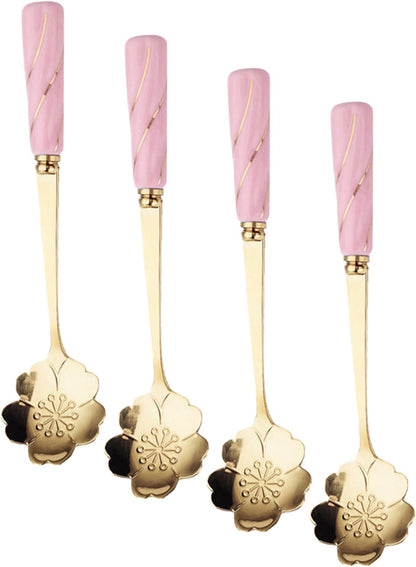 Healifty 4pcs Dessert Spoons with Ceramic Flower Handles Practical Cake and Coffee Spoons Elegant Rounded Handle Design for Home Coffee Shops and Bars Pink Gold