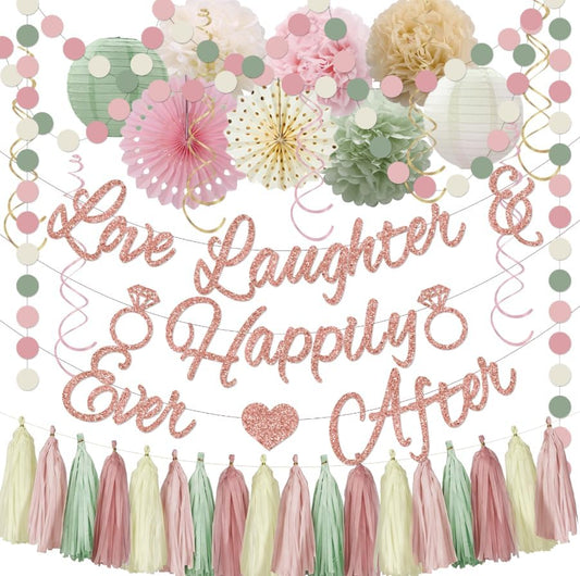 Bridal Shower Decorations,Sage Green Pink Bridal Shower Decorations Includes Love Laughter Happily Ever After Decorations Paper Flower Ball Wedding Decorations for Home Party Bachelorette Party