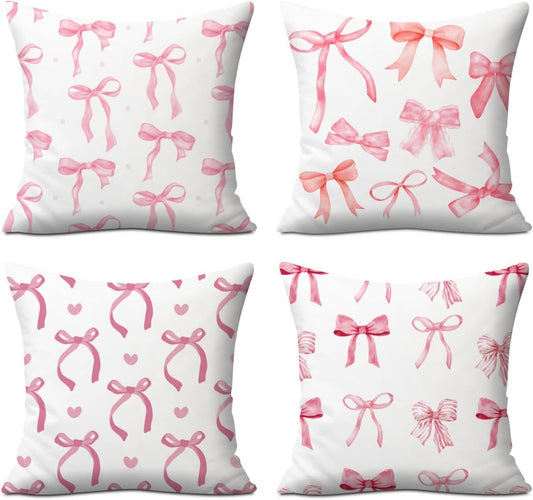 2PCs Pink Bow Pillow Covers Coquette Trendy Preppy Throw Pillow Covers 18x18 Pillowcases Pink Bows Decorative Aesthetic Design Room Decoration for Girly Bedroom Girls Room Sofa Car Couch