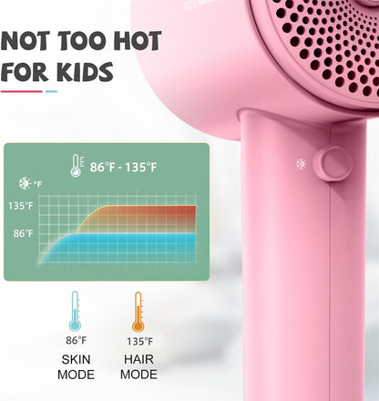 Feekaa Kids Hair Dryer, Portable Mini Blow Dryer with Diffuser, Quiet Small Hair Dryer for Children, Compact Kids Hairdryer with DIY Stickers Lightweight, Boy & Girl Birthday Gift, Pink