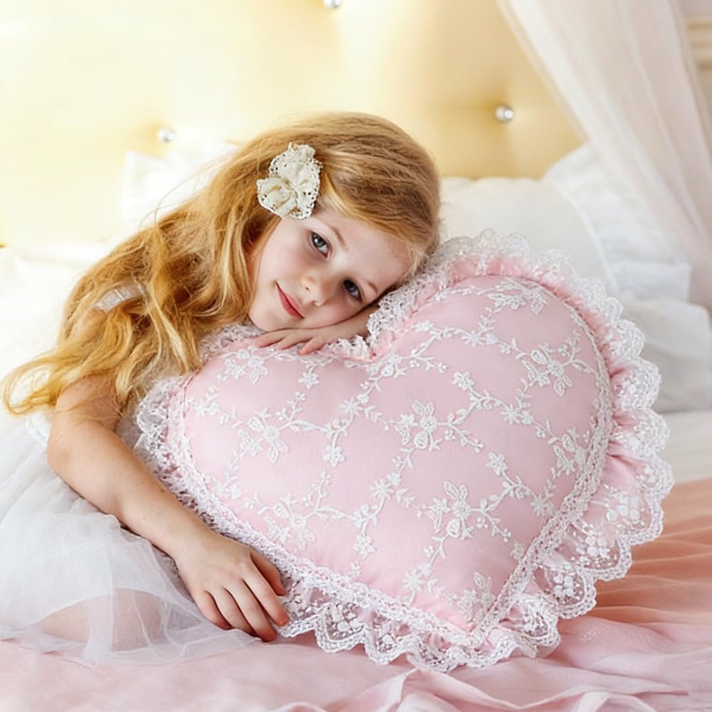 Elegant Lace Heart Shaped Throw Pillow, Cute Heart Decorative Throw Pillows for Bed Couch Chair Sofa, Living Room Bedroom Decor (Pink)