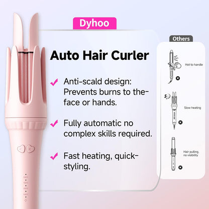 Auto Curling Iron 1.25 Inch, Rotating Hair Curler for Beach Waves, AutomaticHair Curler with Anti-Scald & Anti-Tangle, Ceramic Curling Wand for Long Hair, Dual Voltage, Pink