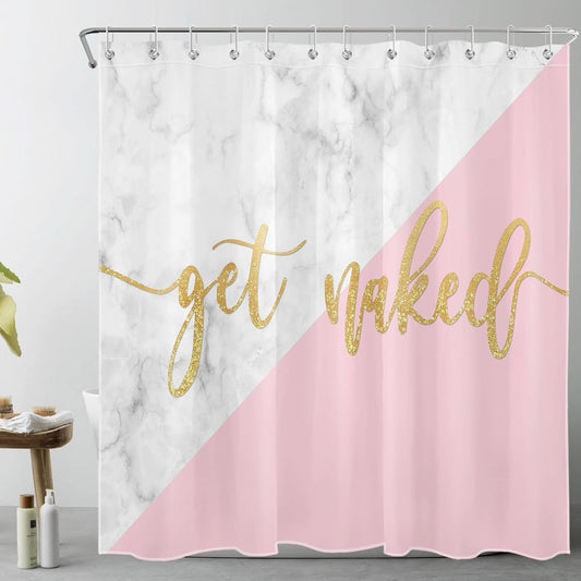 EOBTAIN Get Naked Shower Curtain for Bathroom Funny Quotes with Gold Texture on Pink and White Marble Shower Curtain with 12 Hooks Modern Abstract Bathroom Curtains Shower Set 72x72 Inch