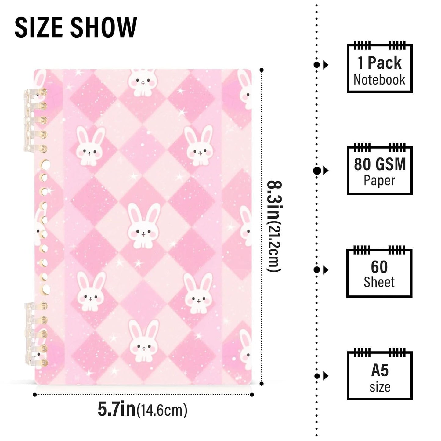 EtherSpher A5 size Pastel Rabbit Peach notebook journal 8.3" x 5.7", hard cover single subject spiral notebook 60 sheets for diary&to do list 2 pack