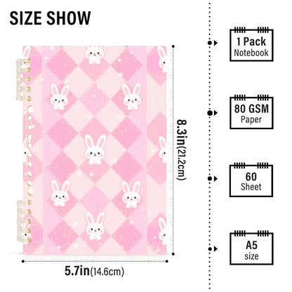 EtherSpher A5 size Pastel Rabbit Peach notebook journal 8.3" x 5.7", hard cover single subject spiral notebook 60 sheets for diary&to do list 2 pack